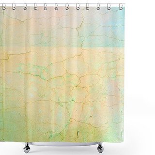 Personality  Wall With Cracked Pale Yellow And Green Paint. Beautiful Bright Background With Vignette. Texture Of Old Cover With Cracks. Shower Curtains