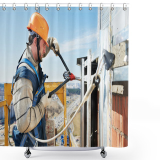 Personality  Worker Builders At Facade Tile Installation Shower Curtains
