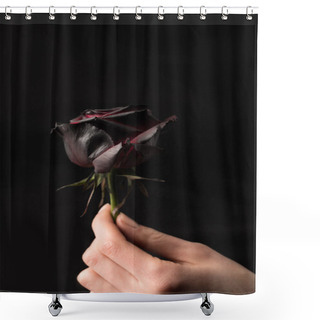 Personality  Selective Focus Of Woman Holding Colored In Black In Hand Isolated On Black Shower Curtains