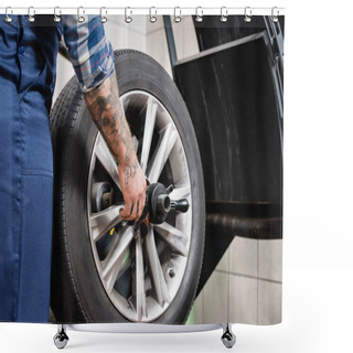 Personality  Cropped View Of Repairman Putting Wheel On Balance Control Machine In Workshop Shower Curtains