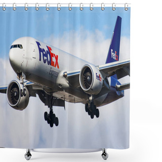 Personality  Fedex Cargo Plane At Airport. Schedule Flight Travel. Aviation And Aircraft. Air Transport. Global International Transportation. Fly And Flying. Arrival And Landing. Shower Curtains