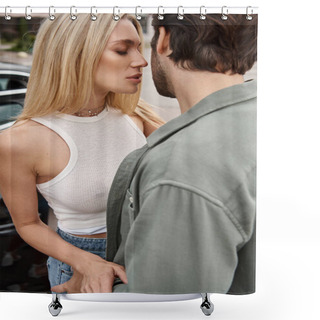 Personality  Alluring Blonde Woman Standing With Closed Eyes And Seducing Man On City Street, Urban Romance Shower Curtains