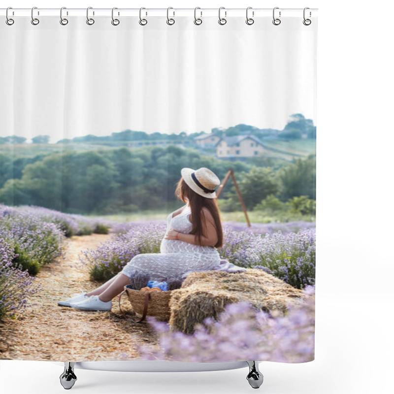 Personality  Side View Of Pregnant Woman Sitting On Hay Bale In Violet Lavender Field And Touching Belly Shower Curtains