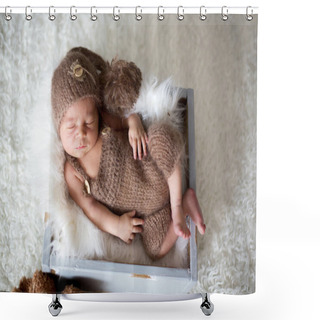 Personality  Cute Newborn Baby Sleeps With A Toys Shower Curtains