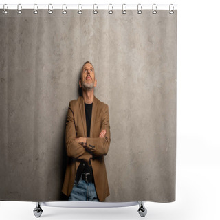 Personality  Businessman In Blazer Standing With Crossed Arms On Grey  Shower Curtains
