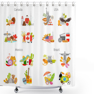 Personality  Compositions With Famous Symbols And Attributes Of Canada, Mexico, USA And Brazil. Vector Banner. Set Of Design Elements. Shower Curtains