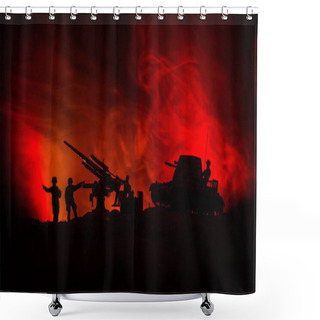 Personality  War Concept. Military Silhouettes Fighting Scene On War Fog Sky Background, World War German Tanks Silhouettes Below Cloudy Skyline At Night. Attack Scene. Armored Vehicles. Tanks Battle Shower Curtains