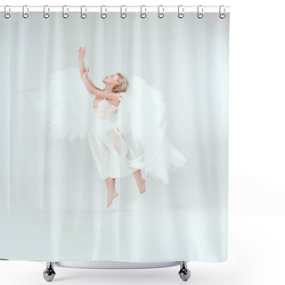 Personality  Beautiful Woman In Angel Costume With Wings Jumping On White Background Shower Curtains