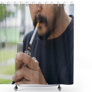 Personality  Shot Of Bearded Man With Stubble Lights A Cigarette And Smokes Over Nature Background. Lifestyle Concept. Shower Curtains