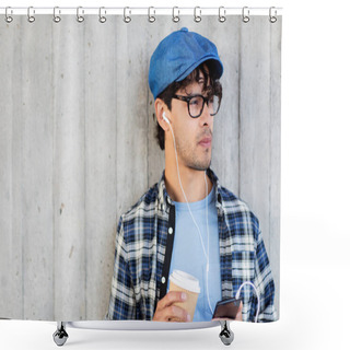 Personality  Man With Earphones And Smartphone Drinking Coffee Shower Curtains