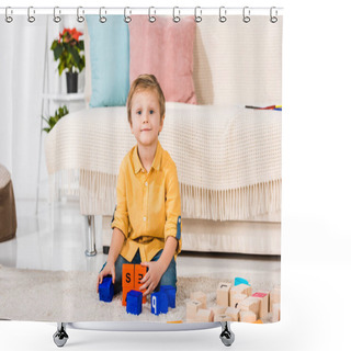 Personality  Little Boy Looking At Camera While Playing With Toys At Home Shower Curtains
