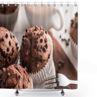 Personality  Close Up View Of Fresh Chocolate Muffins On White Plate Near Fork Shower Curtains