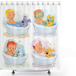 Personality  Clip Art Illustrations Of Little Kids And Their Dogs Shower Curtains