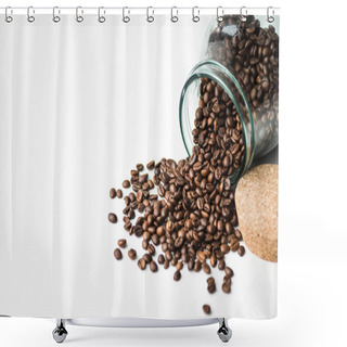 Personality  Scattered Coffee Beans From Glass Bottle And Cork Isolated On White Shower Curtains