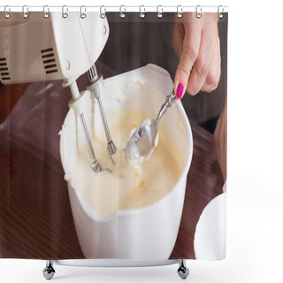 Personality  Whipping The Cream With An Electric Mixer. Close-up. Shower Curtains