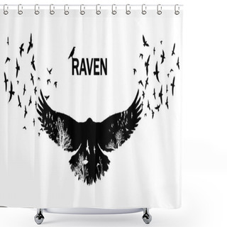 Personality  The Black Raven Fluttering. Double Exposure Effect Shower Curtains