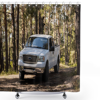 Personality  White Pickup Truck In Autumn Forest With Pine Trees Shower Curtains