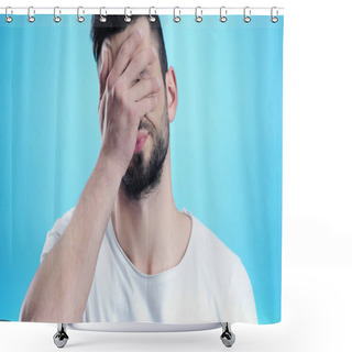 Personality  Frustrated Man Obscuring Face With Hand Isolated On Blue Shower Curtains