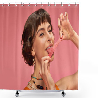 Personality  Cheerful And Young Woman With Nose Piercing Licking Sweet And Sour Candy Strip On Pink Background Shower Curtains