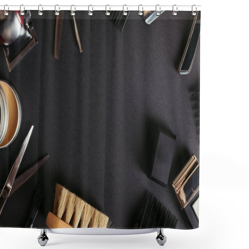 Personality  Top View Of Various Professional Barber Tools On Black Background Shower Curtains
