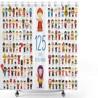 Personality  Kids Of The World Vector Characters Collection: Set Of 125 Children Of Different Nationalities In Cartoon Style. Shower Curtains