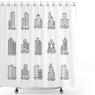 Personality  Buildings Line Icons. Bank, Hotel, Courthouse. City Architecture, Skyscraper Building. Vector Shower Curtains