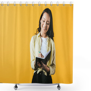 Personality  Attractive Asian Girl Writing In Notebook With Pen, Isolated On Yellow  Shower Curtains