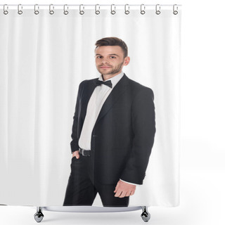 Personality  Handsome Elegant Man Posing In Black Tuxedo And Tie Bow Isolated On White Shower Curtains