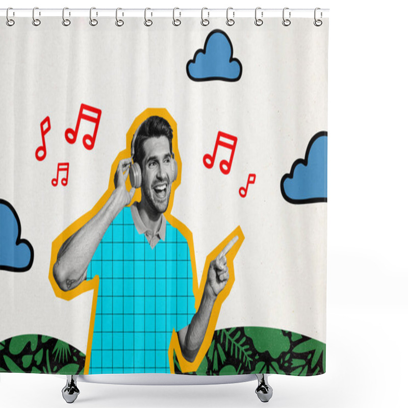 Personality  Collage Artwork Picture Of Cheerful Glad Man Having Fun Listening Music Modern Device Isolated On Creativer Painted Background. Shower Curtains