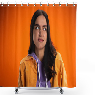 Personality  Offended Brunette Woman Looking Away Isolated On Orange Shower Curtains