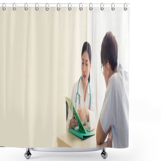 Personality  Beautiful Female Doctor In White Medical Coat Is Consulting Her Patient, Showing The Result Of Health Check. Banner Ratio. Shower Curtains