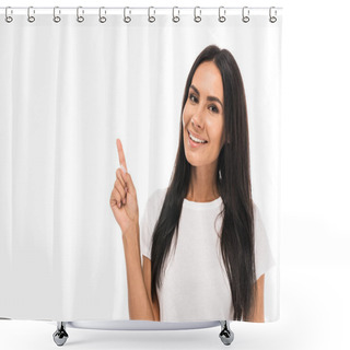 Personality  Positive Woman Pointing With Finger Isolated On White  Shower Curtains