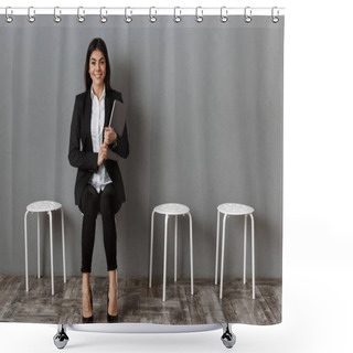 Personality  Smiling Businesswoman In Suit With Laptop Waiting For Job Interview Shower Curtains
