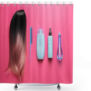 Personality  Unusual Wig, Comb And Cosmetics For Hair Care On Color Background Shower Curtains