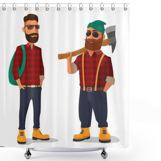 Personality  Lumberjack And Hipster In The Yellow Shoes And A Red Plaid Shirt. Vector Flat Illustration On White Background Shower Curtains