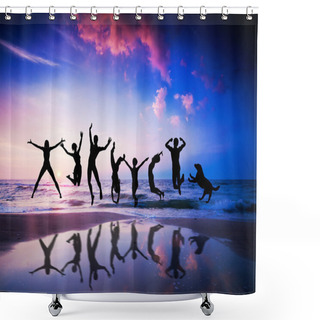 Personality  And Dog Jumping On The Beach. Happiness Shower Curtains