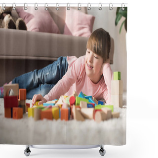 Personality  Kid With Down Syndrome Lying On Floor And Looking At Toy Cubes Shower Curtains