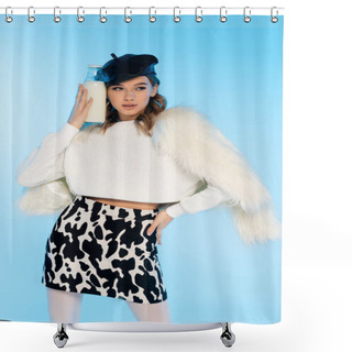 Personality  Young Woman In Beret, White Faux Fur Jacket And Skirt With Animal Print Holding Bottle Of Milk On Blue Shower Curtains