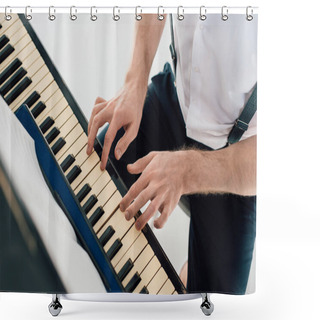 Personality  Selective Focus Of Pianist In White Shirt Playing Piano  Shower Curtains