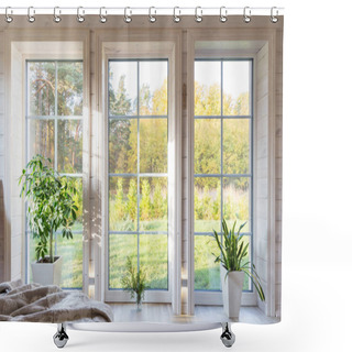 Personality  Bright Photo Studio Interior With Big Window, High Ceiling, White Wooden Floor Shower Curtains