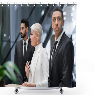 Personality  Stylish Senior Business Lady Near Hotel Reception And Private Multiethnic Bodyguards Shower Curtains