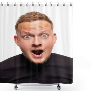 Personality  Vertical Shot Of Stupefied Stunned Shocked Young Male Keeps Mouth Widely Opened, Being Surprised And Very Emotional, Expresses Great Surprisment. Shower Curtains