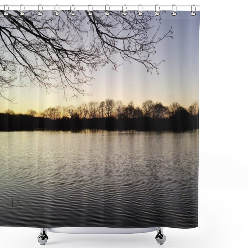Personality  A Lake At Sunset With Silhouettes Of Trees Shower Curtains