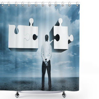 Personality  Businessman Standing Looking At Jigsaw Puzzle Shower Curtains