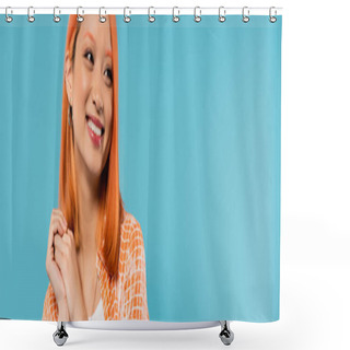 Personality  Positivity, Young Asian Woman With Dyed Hair Standing In Orange Shirt And Posing With Clenched Hands On Blue Background, Looking Away, Joyful, Adorable, Generation Z, Modern Style, Banner  Shower Curtains