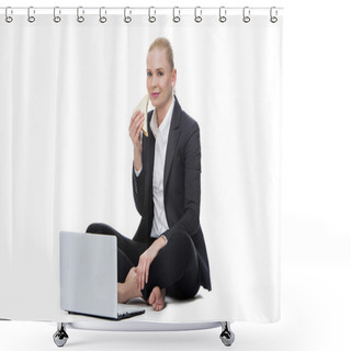 Personality  Businesswoman With Computer And Apple Shower Curtains