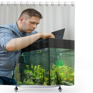 Personality  Handsome Man Catching Fishes In The Aquarium. Shower Curtains