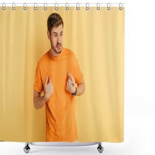 Personality  Angry Young Man Point With Himself With Fingers While Looking Away On Yellow Background Shower Curtains
