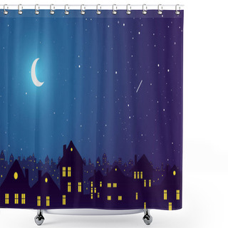 Personality  Vintage Town At Night. Bright Moon And Shooting Star. Shower Curtains