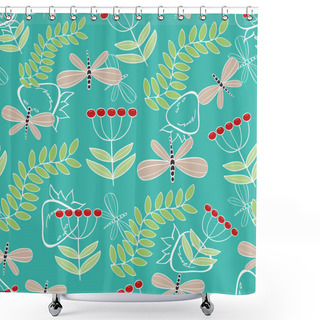 Personality  Seamless Pattern Cute Cartoon Dragonfly And Plants Shower Curtains